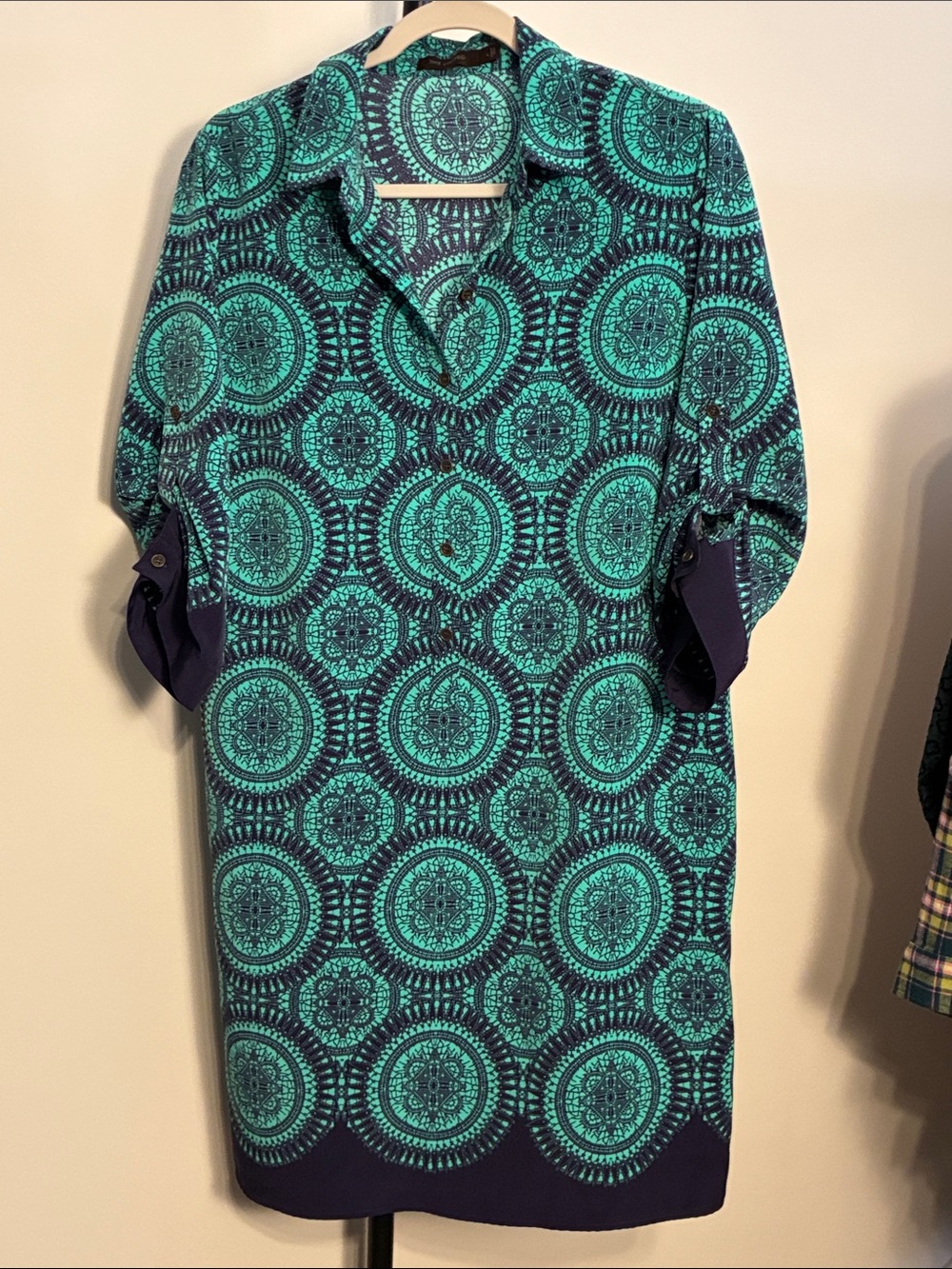 The Limited Green Navy Medallion Print Collared Shirt Dress Polyester Large - Picture 2 of 6